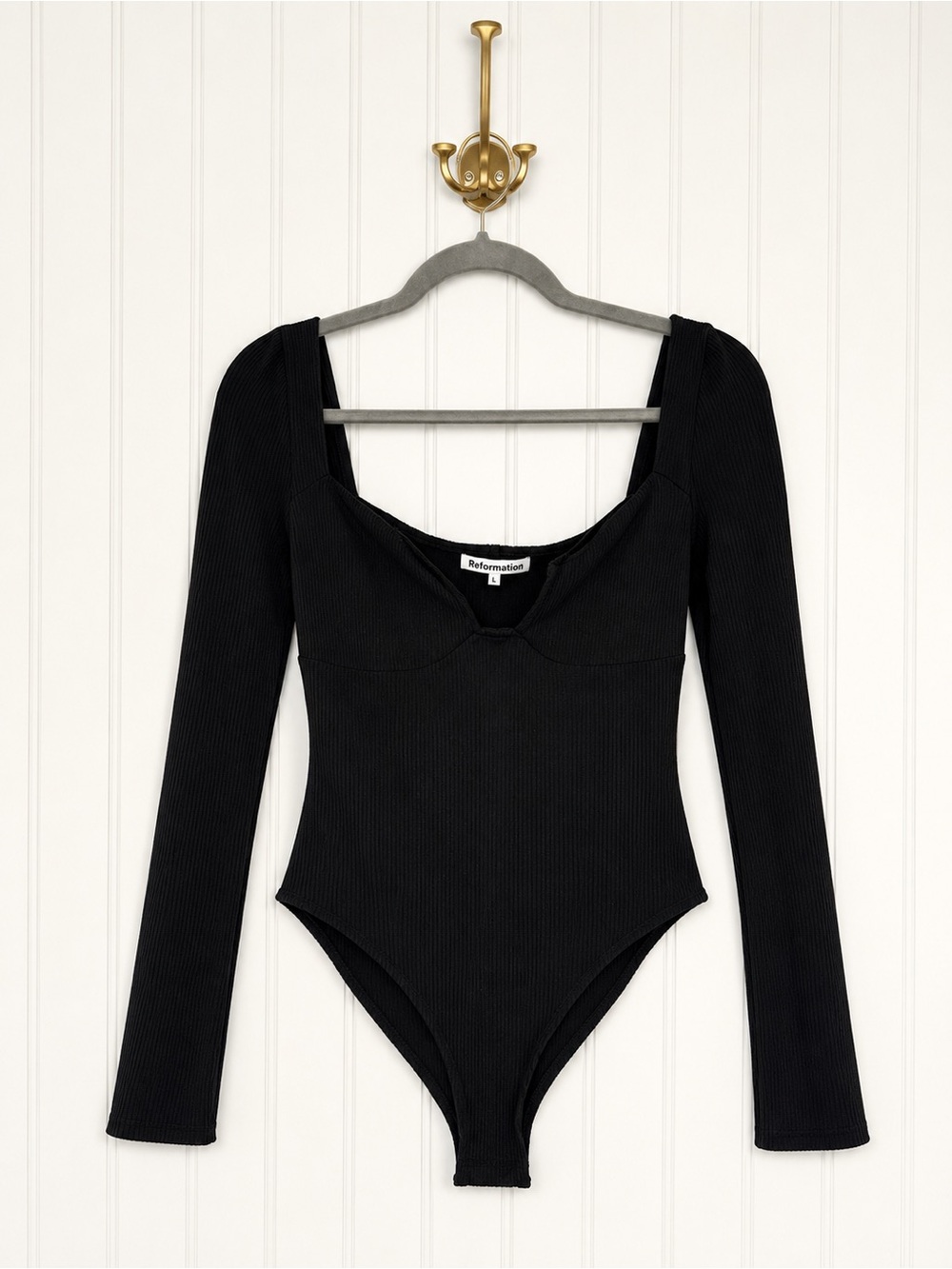 Reformation Heather Black Ribbed Tencel Sweetheart Bodysuit Size L